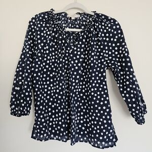 LOFT Lightweight Polka Dot Blouse 3/4 sleeves 100% cotton Medium M Navy White